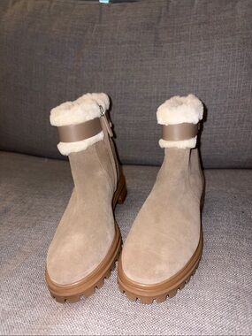 kate spade Taupe Suede Shearling-Trim Lug Sole Boots